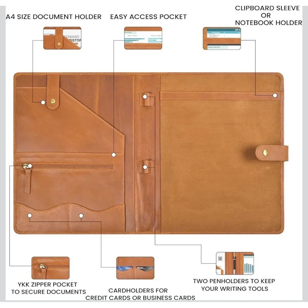 Leather Resume Portfolio Padfolio A4 Organizer Binder Interview Folder Tan